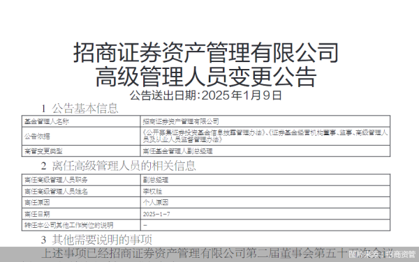 股票配资机构 招商资管：副总经理李权胜因个人原因于1月7日离任